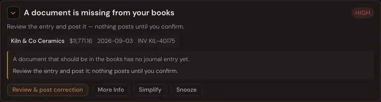 A books-health card: a document is missing from your books, with a button to review and post the correction.