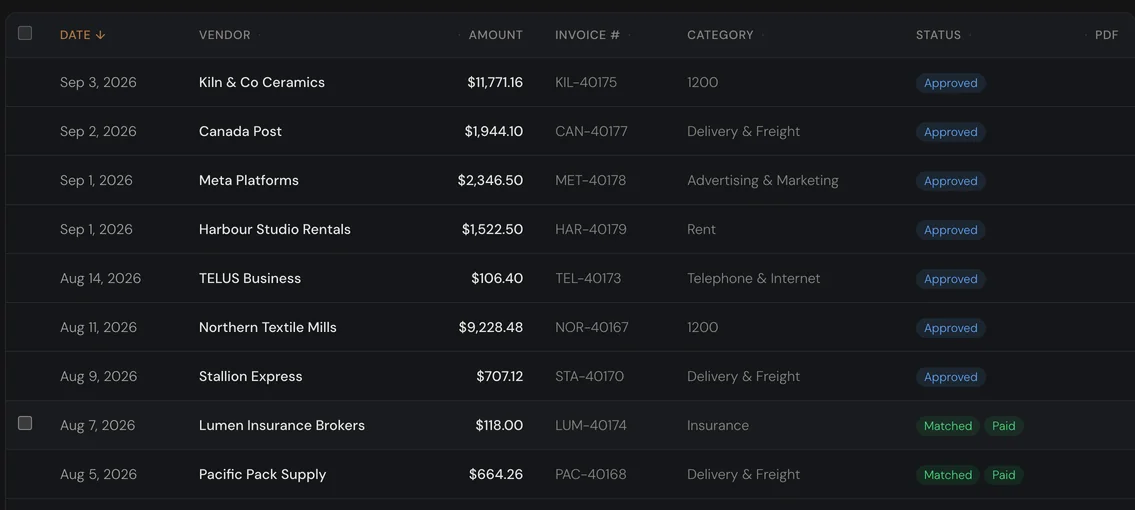 Documents: every bill for the year with its date, supplier, amount, invoice number, category and status.
