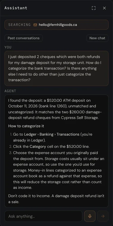The assistant answering a question about two refund cheques deposited at the ATM: it finds the $520.00 deposit, ties it to the two refund cheques from the storage company, and lists the steps to categorize it